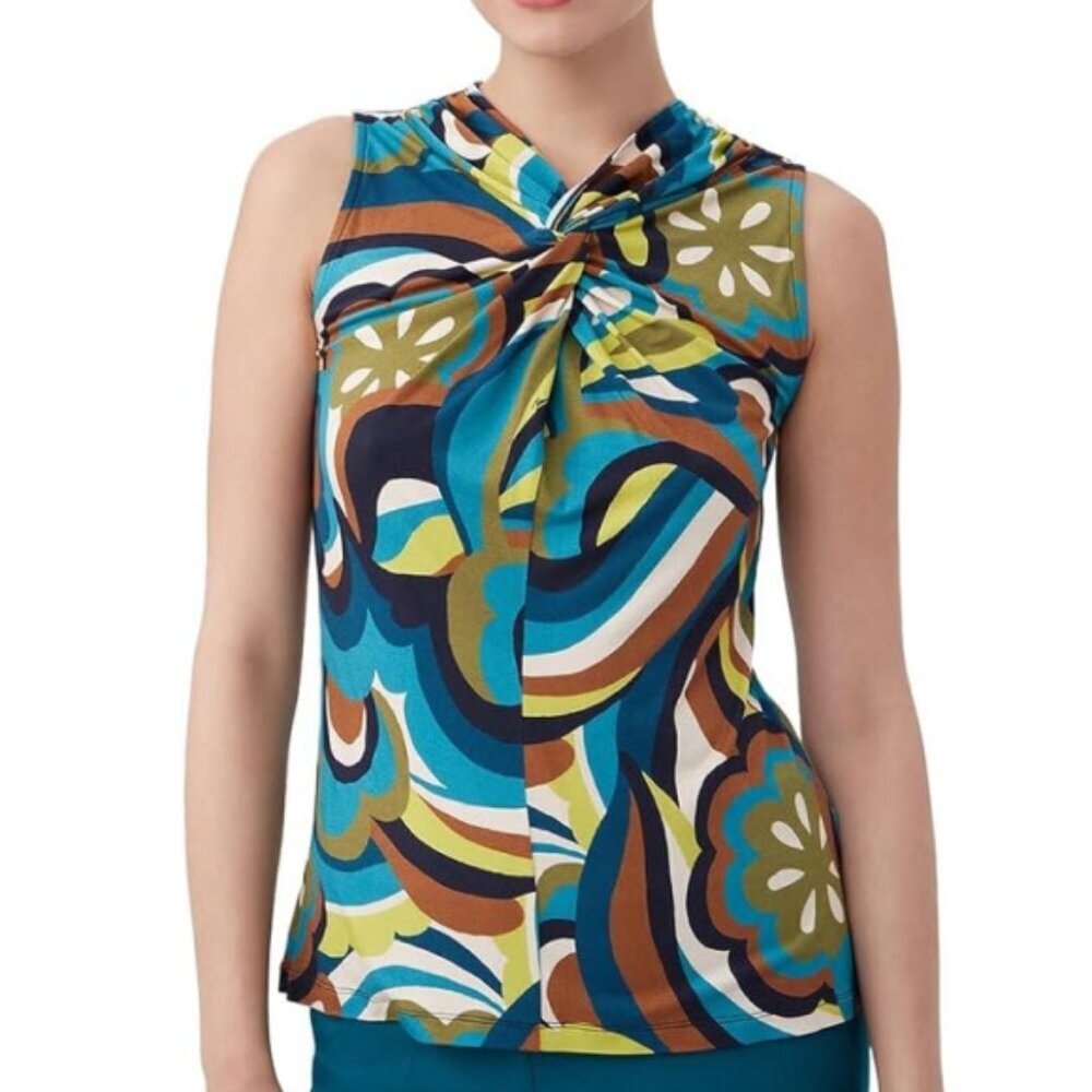 Trina Turk 'Coney Island' Sleeveless Twist-Front Top, Tribeca Teal Multi